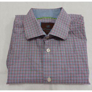 Tattersall London Mens Long Sleeve Button Down Shirt Red Blue Micro Check Small